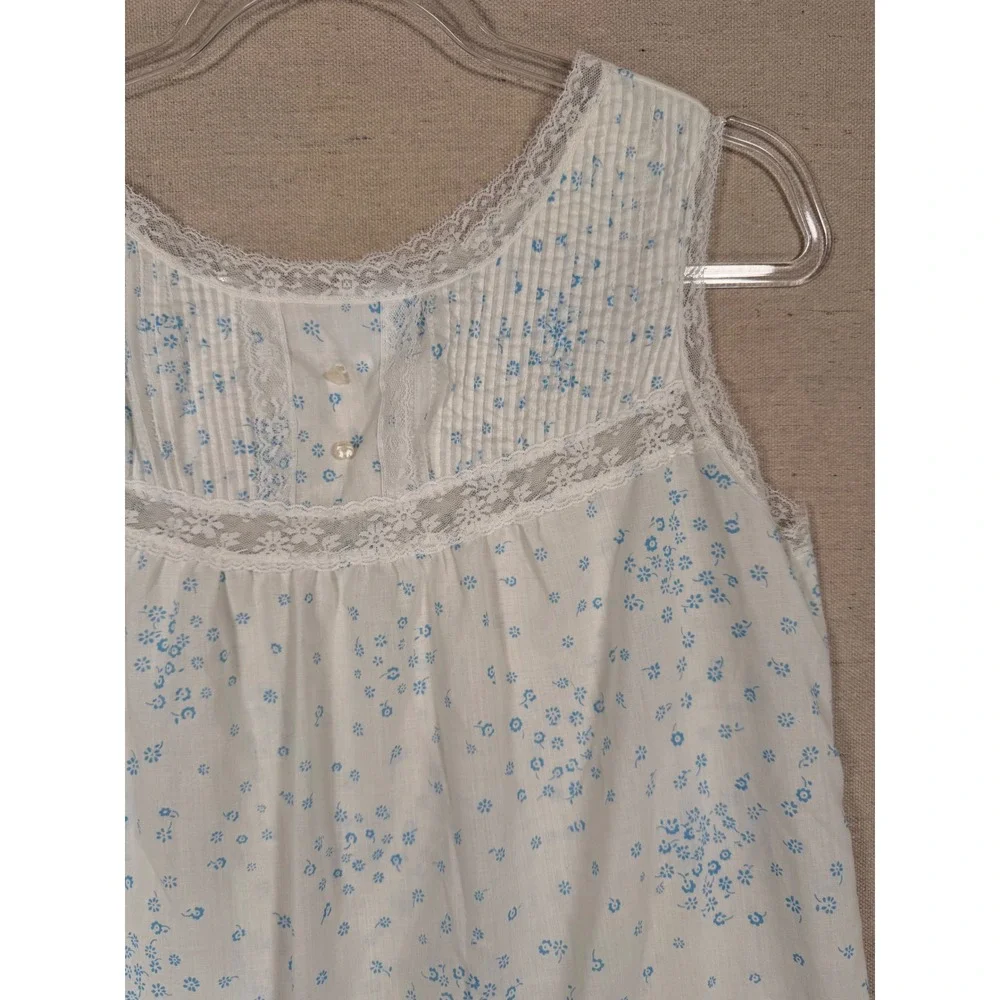 Vintage Sears Women Small Blue Floral Nightgown and Robe Set Lace Trim White